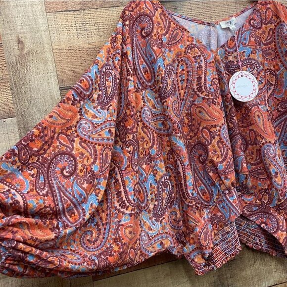 Umgee Womens Boho Paisley Print V-Neck Long Sleeve Blouse - Size L - Picture 4 of 6